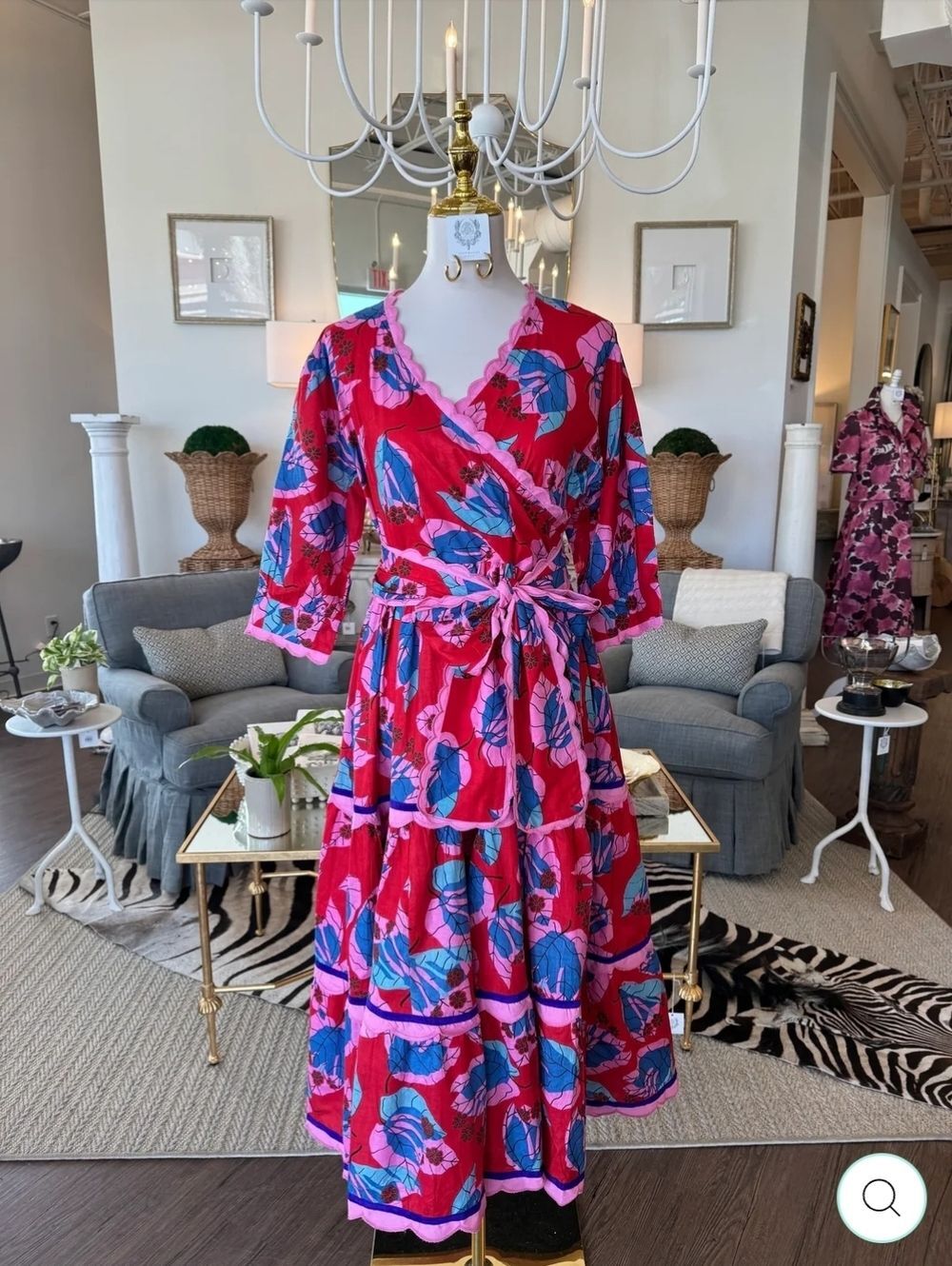 Vibrant Floral Wrap Midi Dress in Red and Pink Sash Medium - Picture 2 of 11